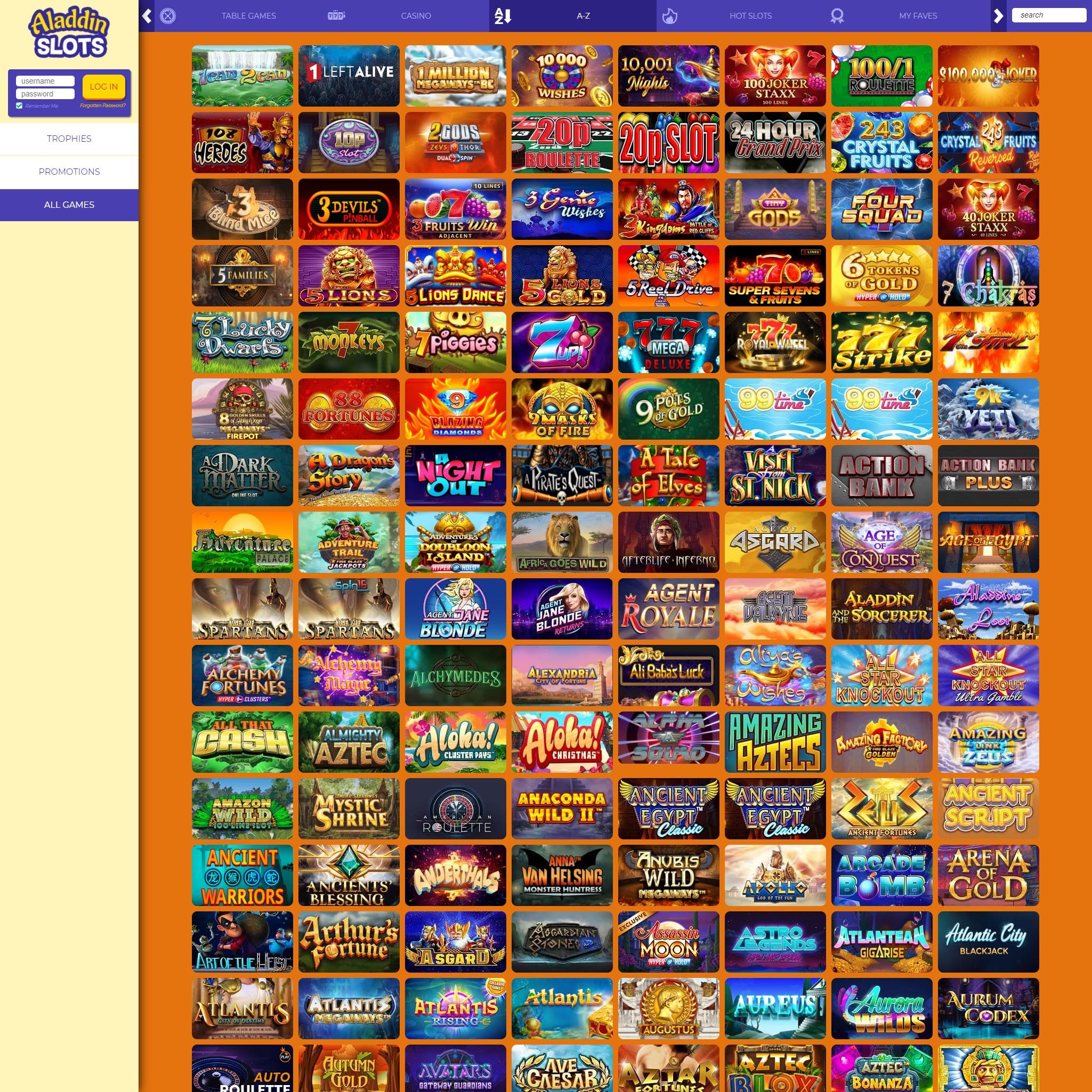 Aladdin Slots Casino full games catalogue