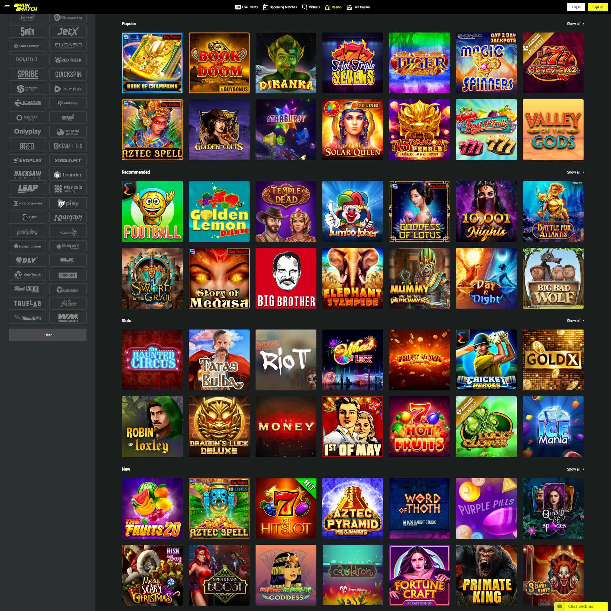 Parimatch full games catalogue