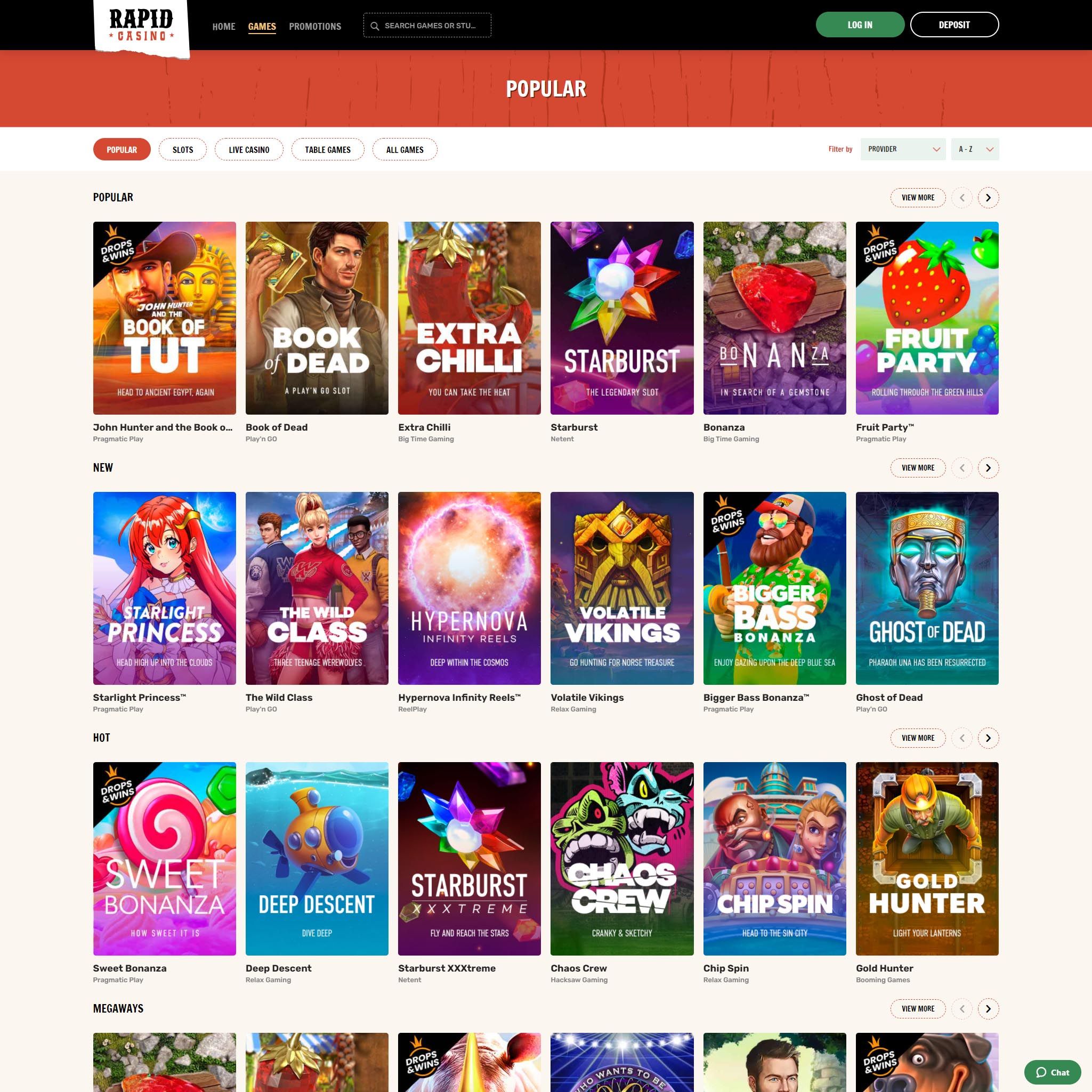 Rapid Casino lobby will guide you around the online casino Rapid Casino full games catalogue