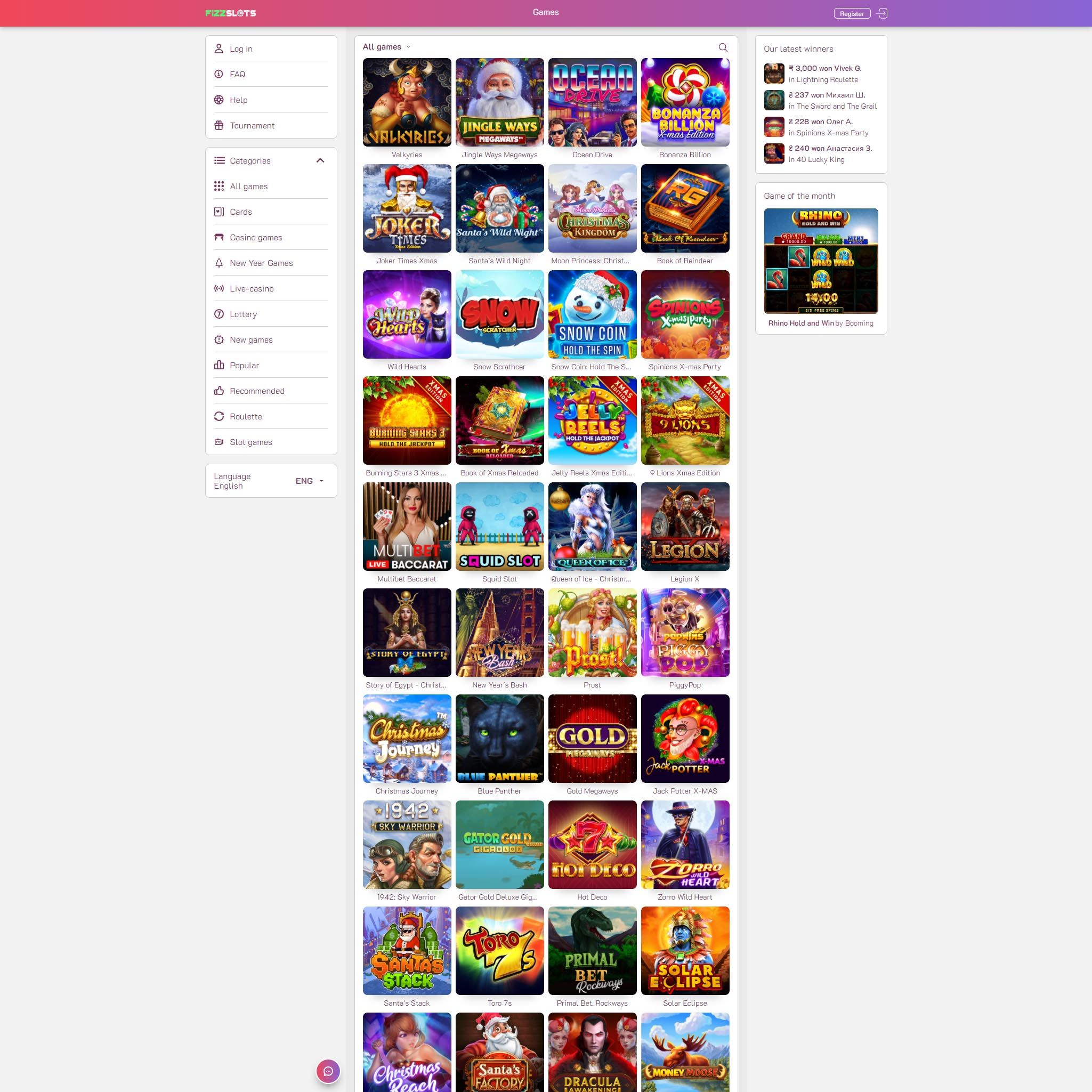 FizzSlots full games catalogue