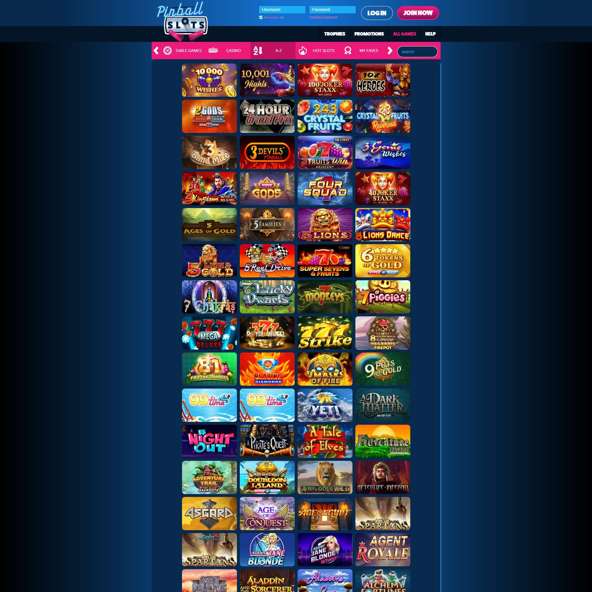 PinBall Slots Casino full games catalogue