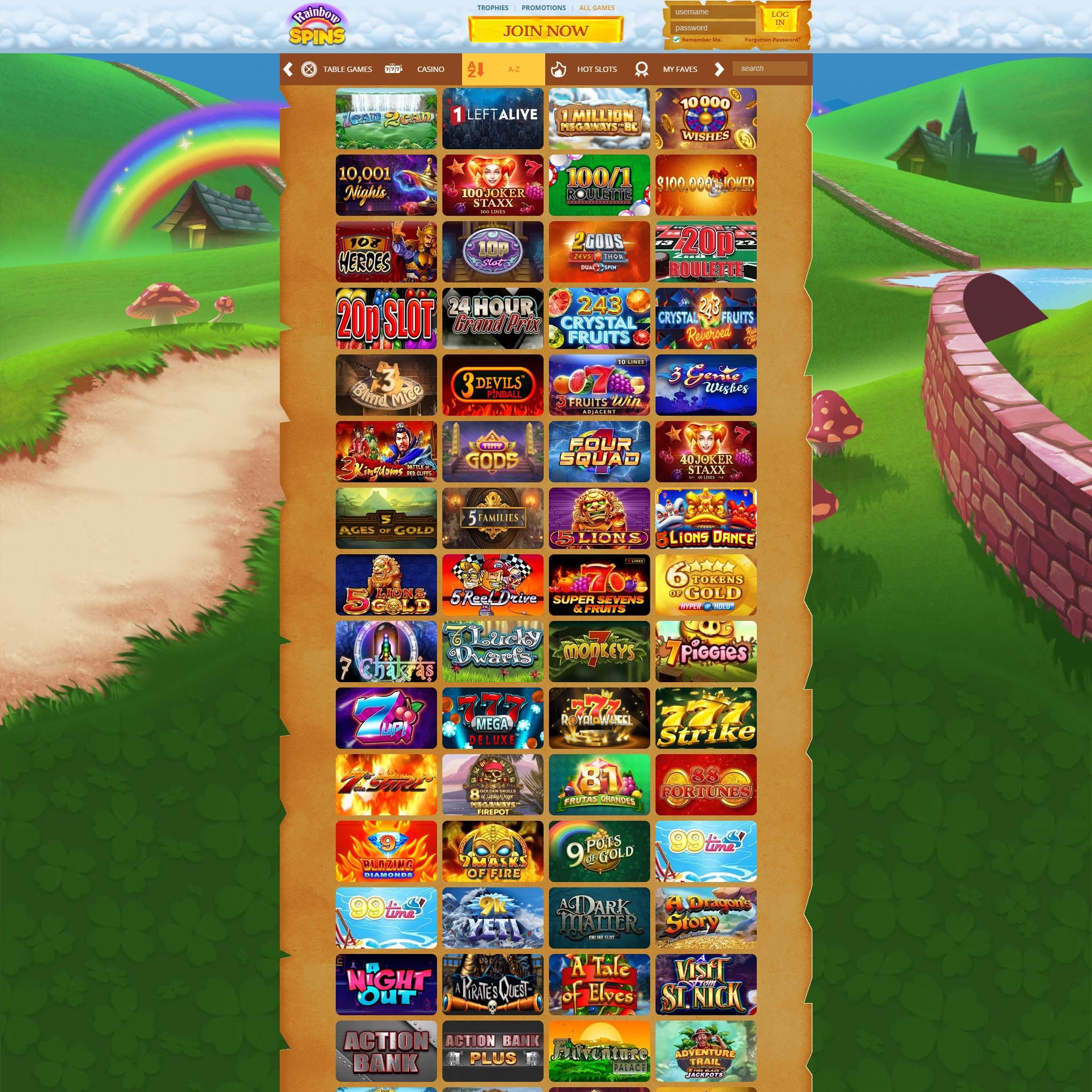 Rainbow Spins Casino full games catalogue