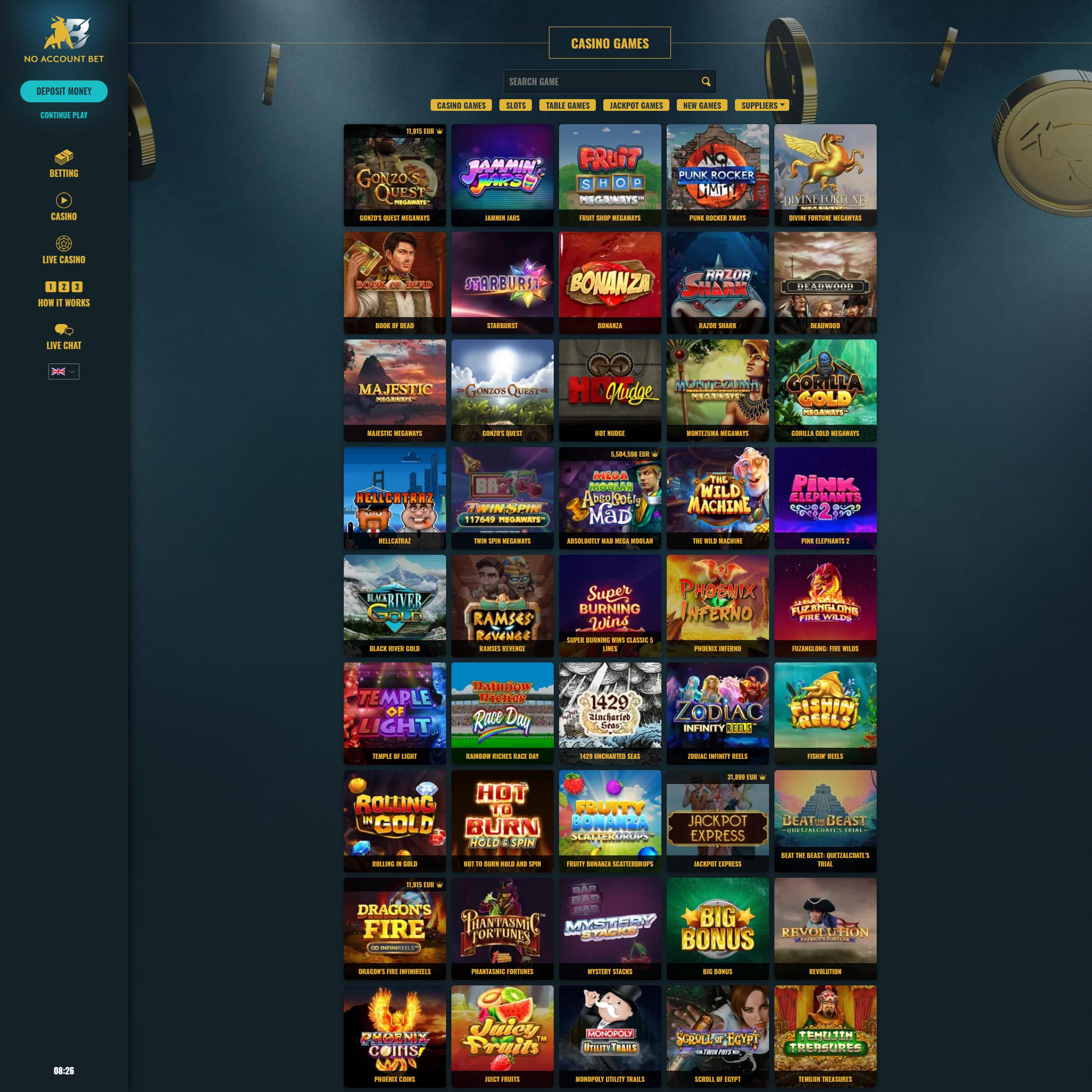 No Account Bet full games catalogue