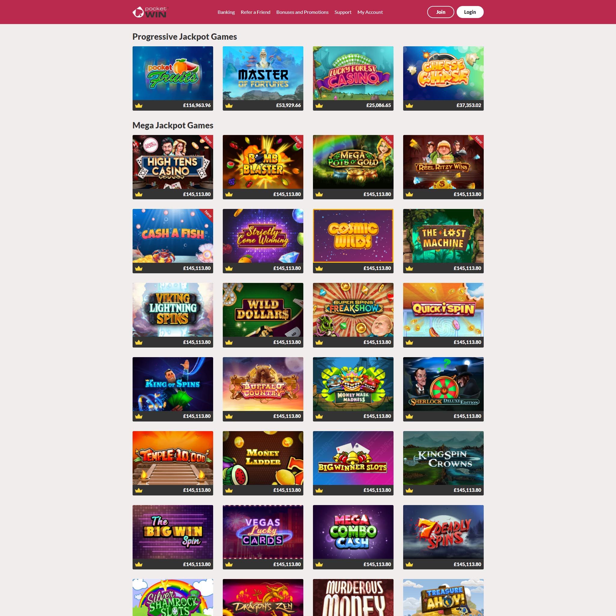 PocketWin Casino full games catalogue