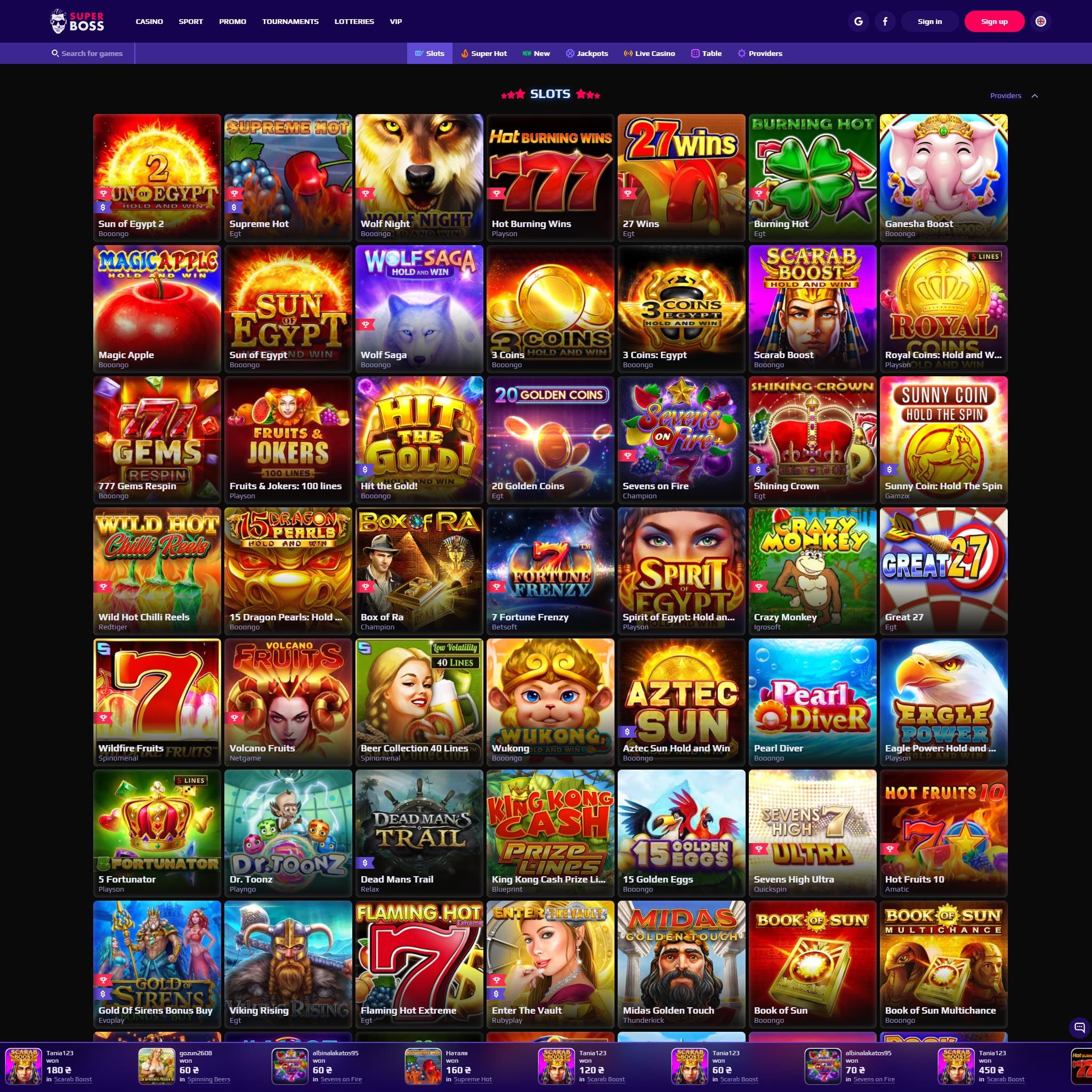 SuperBoss Casino full games catalogue