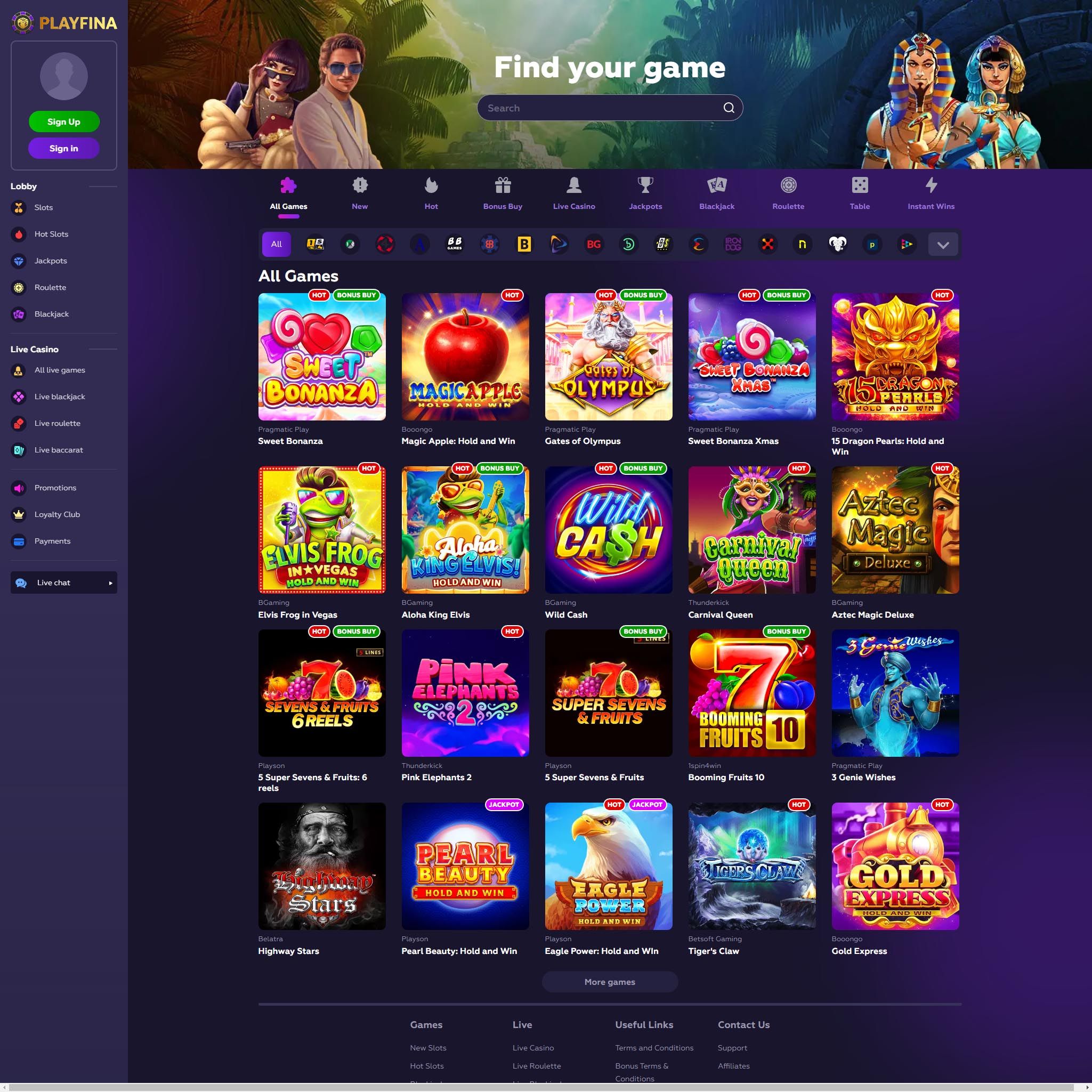 Playfina Casino full games catalogue