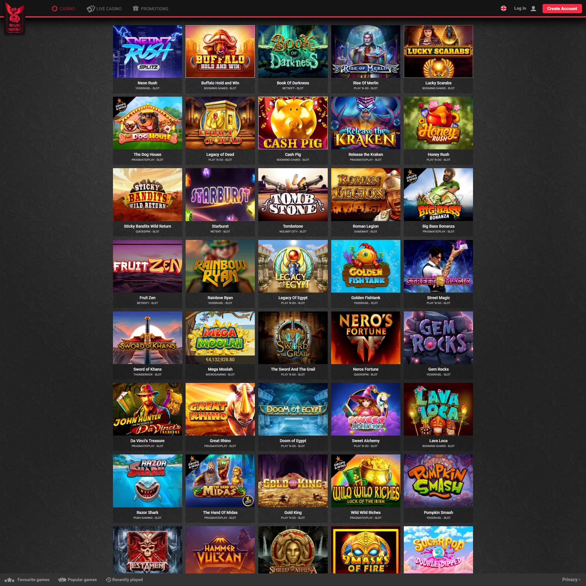 Royal Rabbit Casino full games catalogue