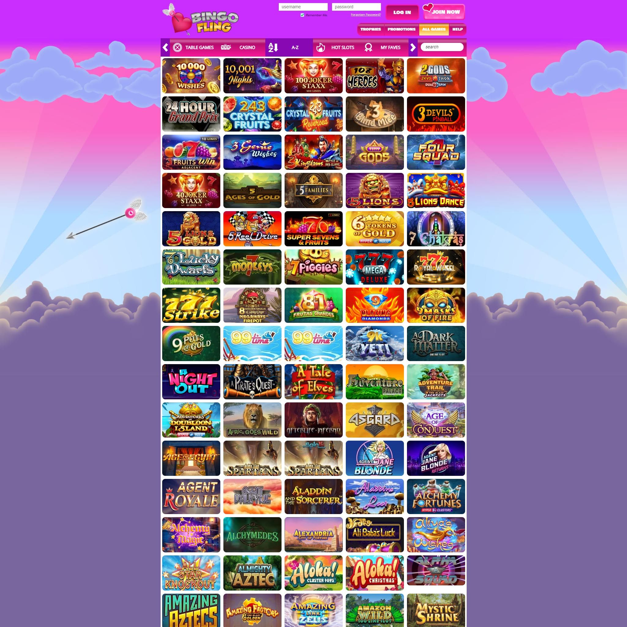 Bingo Fling Casino full games catalogue