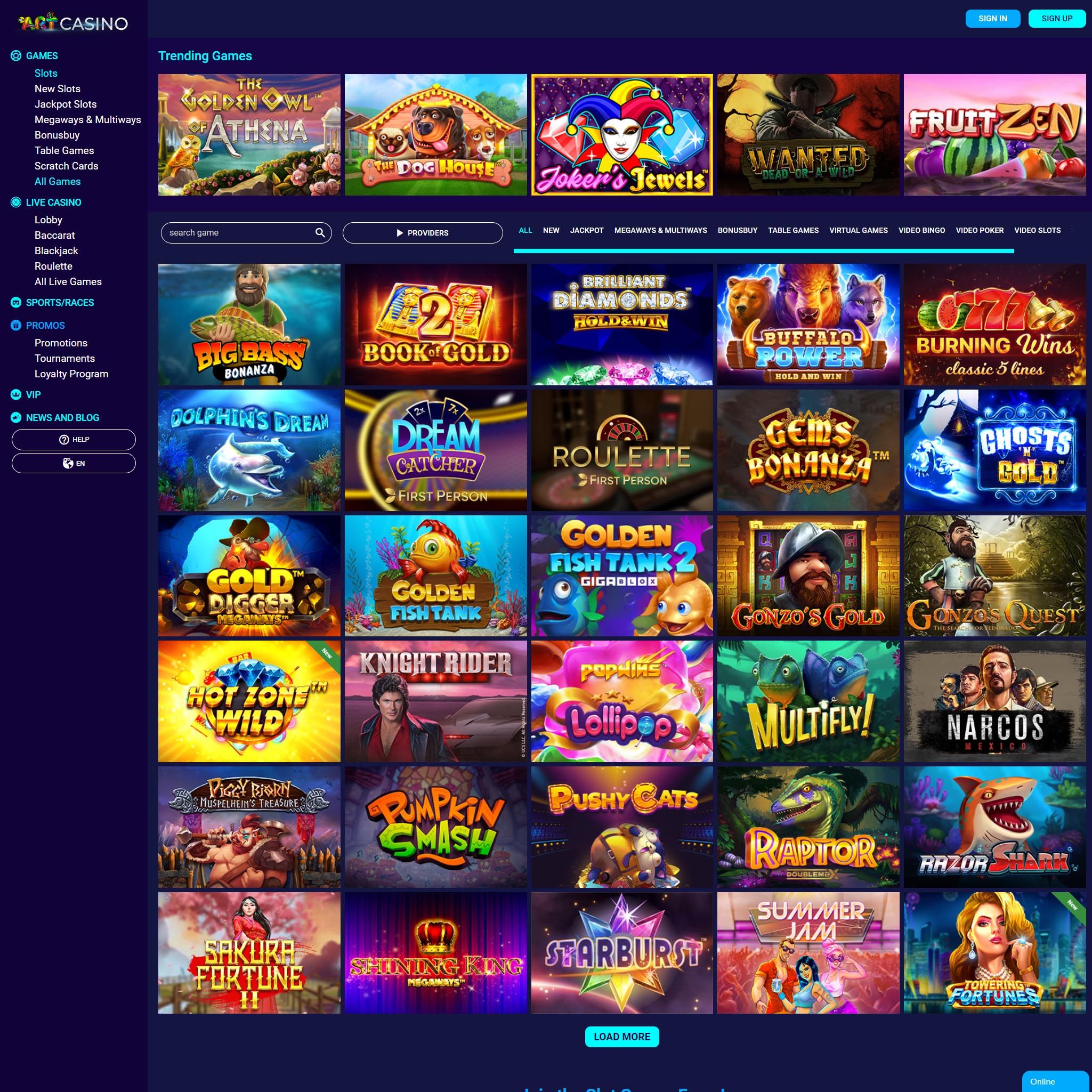 Art Casino lobby will guide you around the online casino Art Casino full games catalogue