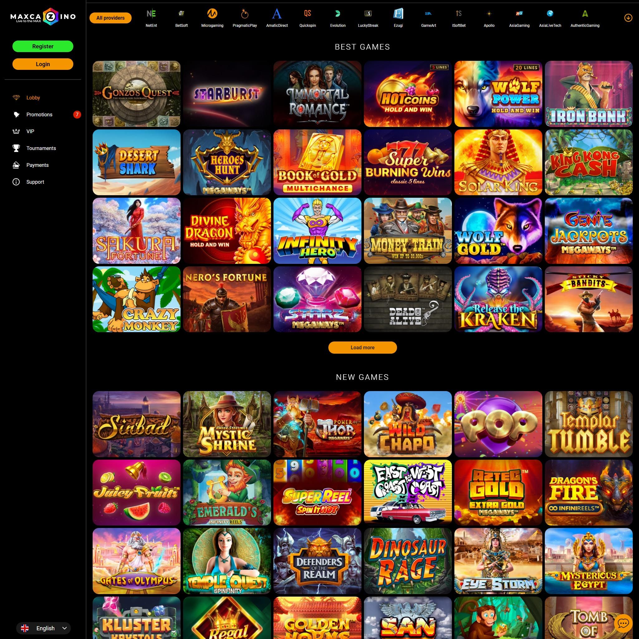 MaxCazino full games catalogue