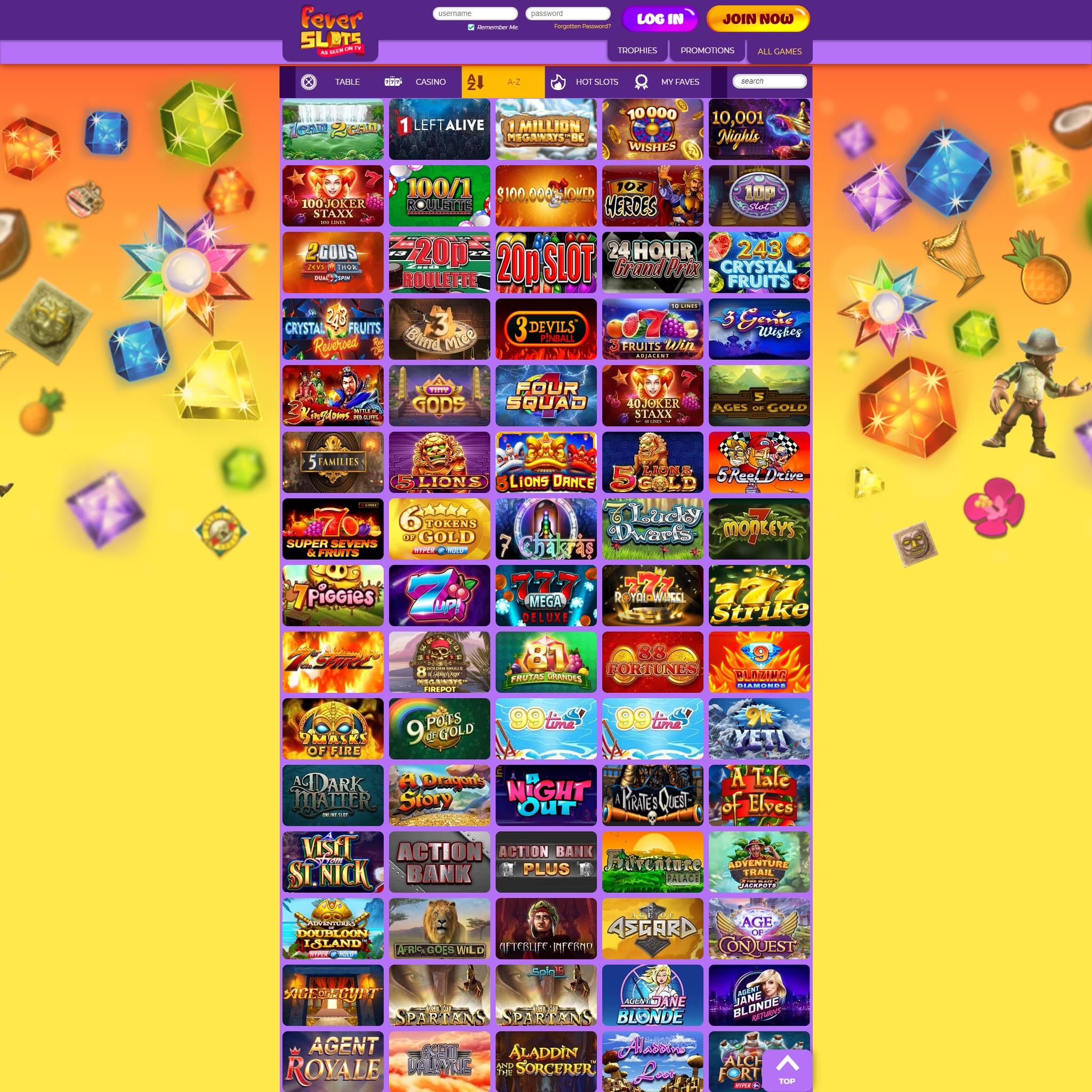 Fever Slots Casino full games catalogue