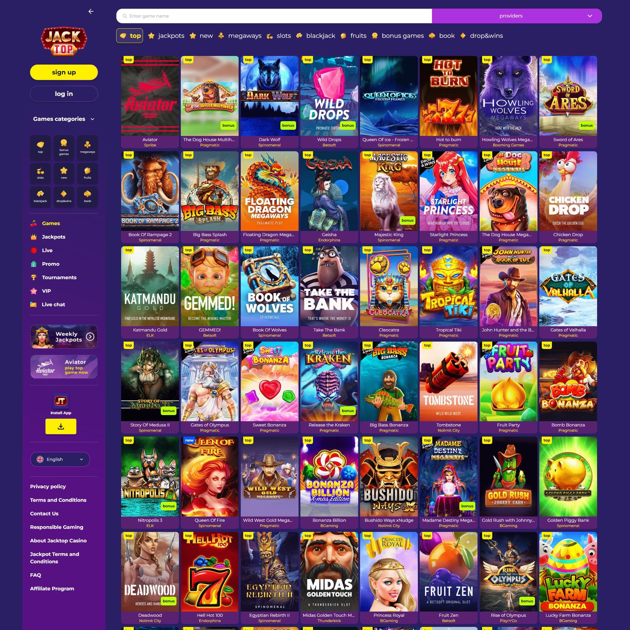 Jacktop Casino lobby will guide you around the online casino Jacktop Casino full games catalogue