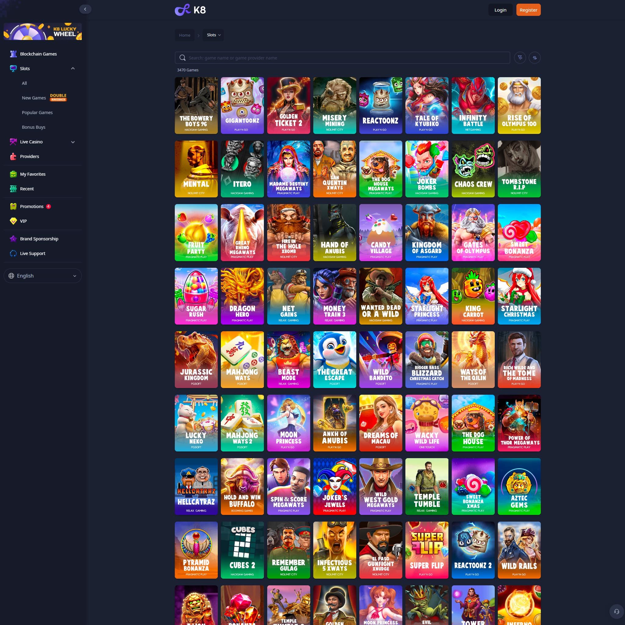 K8 Casino full games catalogue